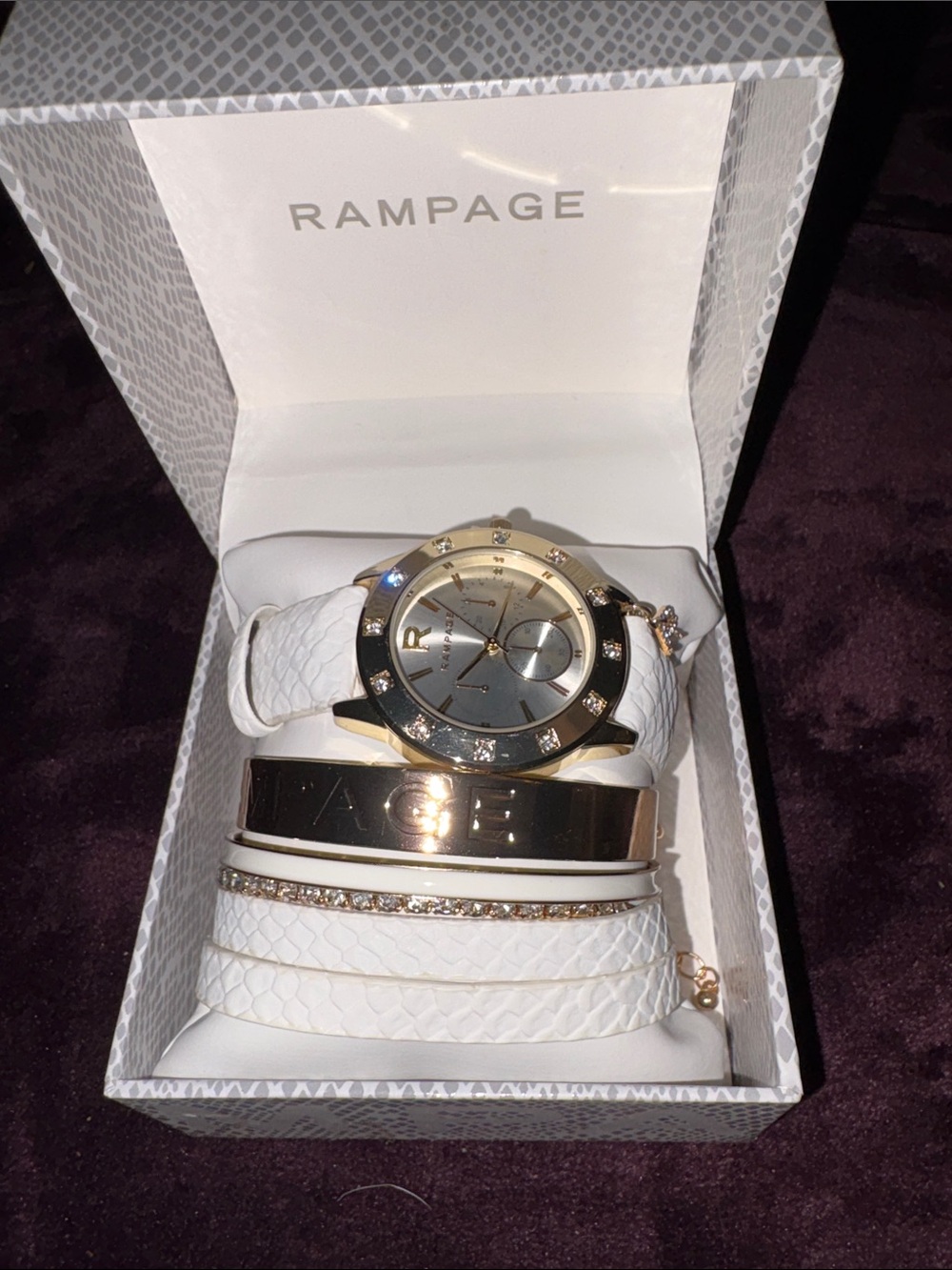NWT Rampage White and Gold Crystal Accentq Watch & Bracelet Set
